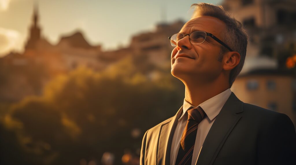 Persona contenta mirando al cielo